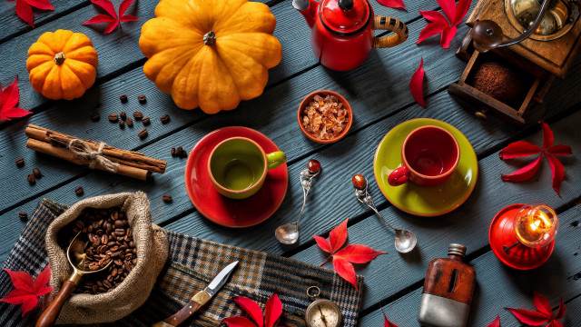 Coffee cups spoons seeds candle free wallpaper for desktop - medium preview image