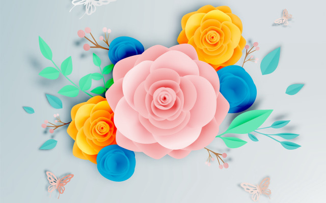 Paper cut flower butterflies blue free wallpaper for desktop - medium preview image