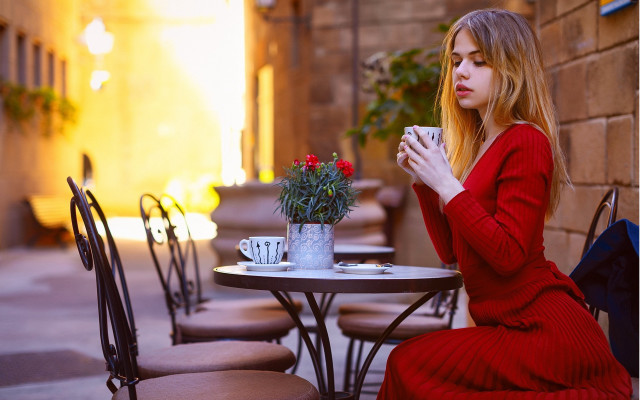 Blonde woman coffee plant aesthetic free wallpaper for desktop - medium preview image