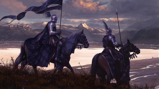 Knights horses flags mountains cloudy free wallpaper for desktop - medium preview image