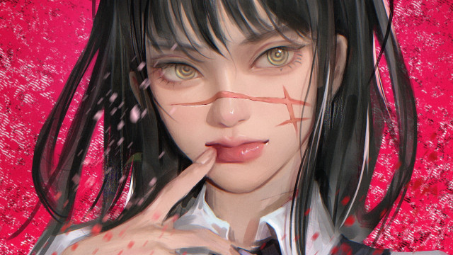 Woman black hair pink background free wallpaper for desktop - medium preview image