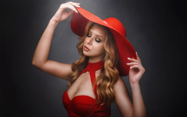 Woman red dress hat posing #3 free wallpaper for desktop - medium preview image