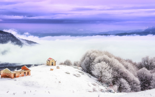 Snowy mountain house clouds trees free wallpaper for desktop - medium preview image