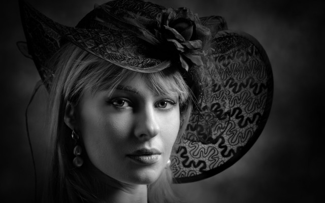 Woman hat flower portrait blackandwhite free wallpaper for desktop - medium preview image