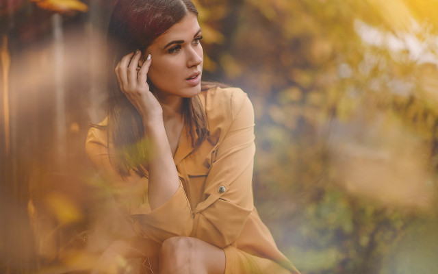 Woman yellow dress bench autumn free wallpaper for desktop - medium preview image