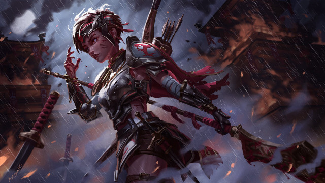 Woman armor sword rain blood #2 free wallpaper for desktop - medium preview image