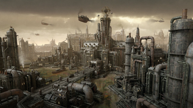 Futuristic industrial city plane afrofuturism free wallpaper for desktop - medium preview image