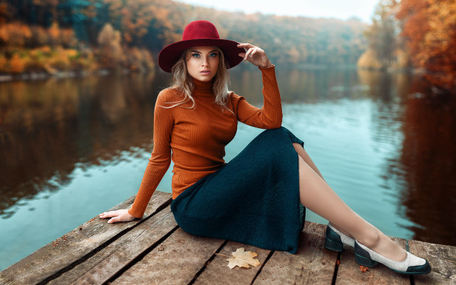 Woman hat dress lake autumn free wallpaper for desktop - medium preview image