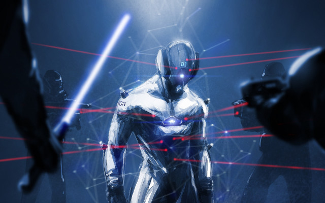 Futuristic man lights arms jet free wallpaper for desktop - medium preview image