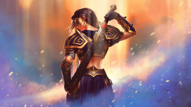 Fantasy woman flaming sword armor free wallpaper for desktop - medium preview image