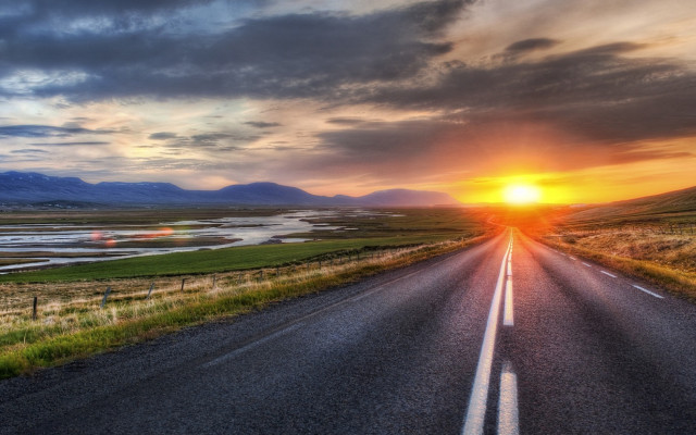 Sunset lake field bridge city free wallpaper for desktop - medium preview image