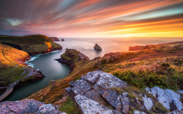 Sunset water rocks grass forest free wallpaper for desktop - medium preview image