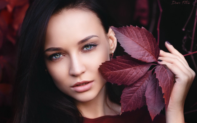 Woman blueeyes leaf redbackground photorealistic free wallpaper for desktop - medium preview image