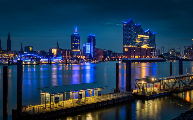 City skyline dock lit buildings free wallpaper for desktop - medium preview image