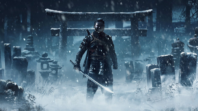 Snowy shrine man sword outdoors free wallpaper for desktop - medium preview image