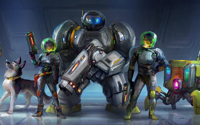 Space suits dog robot gun free wallpaper for desktop - medium preview image