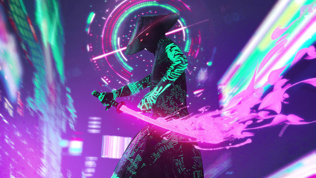Neon sword cyberpunk city glowing free wallpaper for desktop - medium preview image