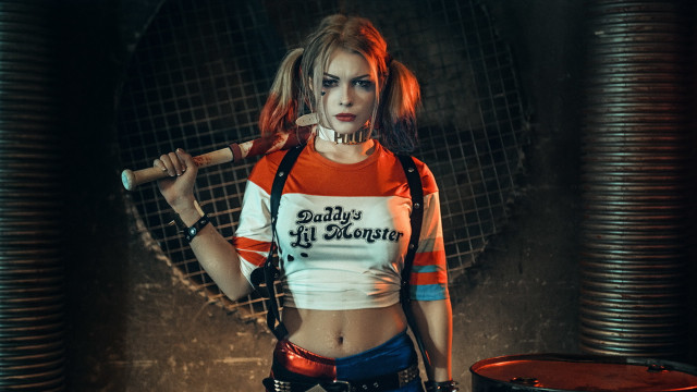 Woman cosplay baseballbat multicoloredhair midriff free wallpaper for desktop - medium preview image