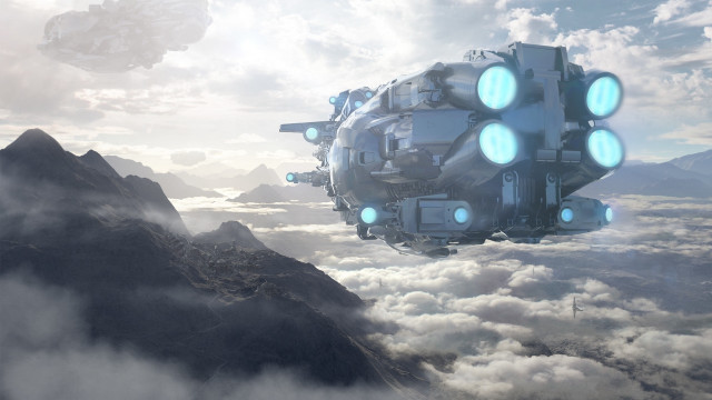 Futuristic flying object mountain range free wallpaper for desktop - medium preview image