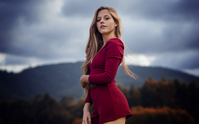 Woman red dress mountain portrait free wallpaper for desktop - medium preview image