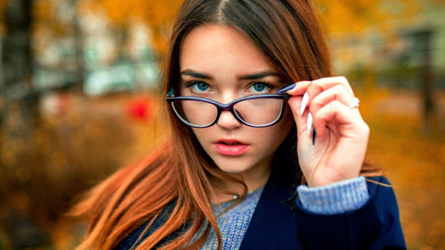 Woman glasses blue shirt park free wallpaper for desktop - medium preview image