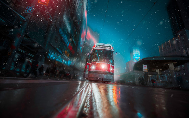 Bus night rain red light free wallpaper for desktop - medium preview image