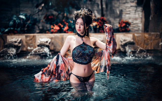 Woman bikini pool crown jewelry free wallpaper for desktop - medium preview image