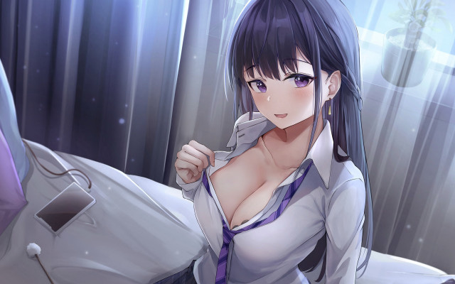 Woman white shirt tie cellphone free wallpaper for desktop - medium preview image