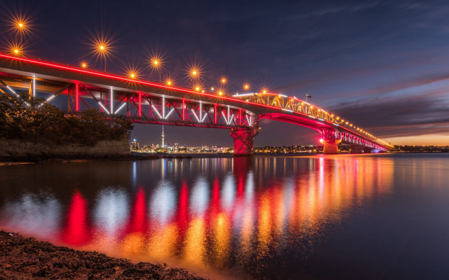 Bridge lights water night city free wallpaper for desktop - medium preview image