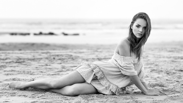 Beach sitting woman dress sand free wallpaper for desktop - medium preview image