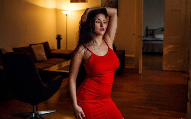 Red dress blonde woman living free wallpaper for desktop - medium preview image