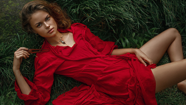 Woman red dress lying nature #2 free wallpaper for desktop - medium preview image