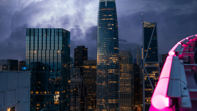 Tokyo futuristic cityscape lightning pink free wallpaper for desktop - medium preview image