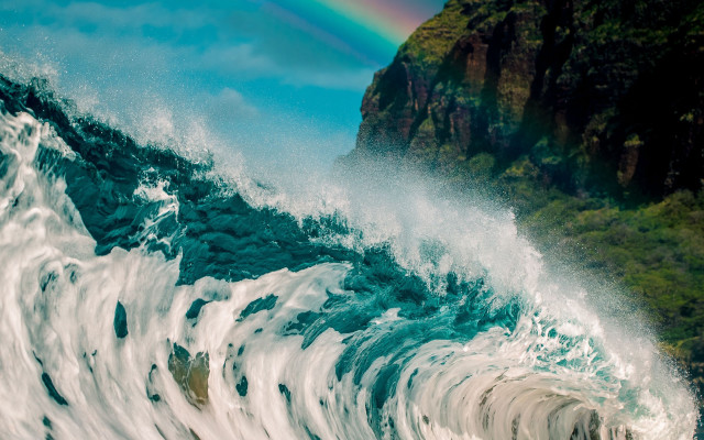 Rainbow over ocean wave mountain free wallpaper for desktop - medium preview image
