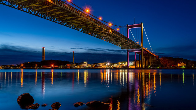 Bridge cityscape night lights reflection free wallpaper for desktop - medium preview image