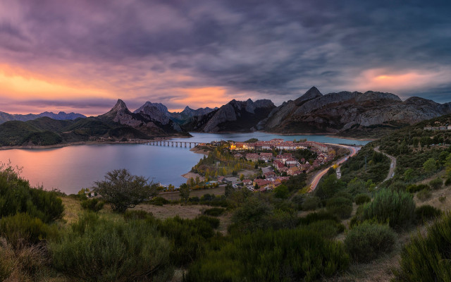 Scenic town lake mountains bridge free wallpaper for desktop - medium preview image