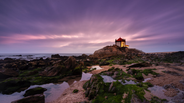 Lighthouse rocky shore purple sky #2 free wallpaper for desktop - medium preview image