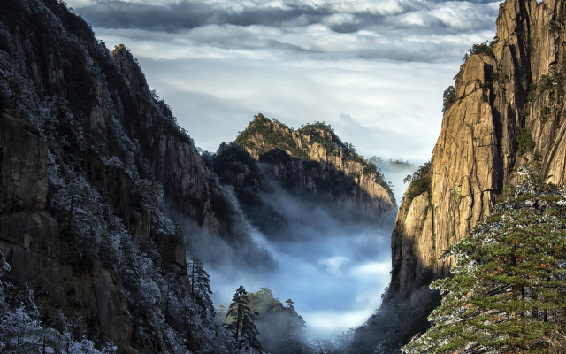 Mountain valley fog trees lake free wallpaper for desktop - medium preview image