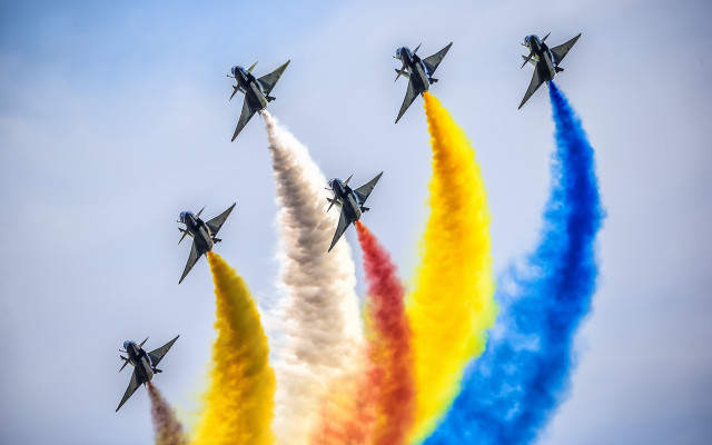 Jets colored smoke flying formation free wallpaper for desktop - medium preview image
