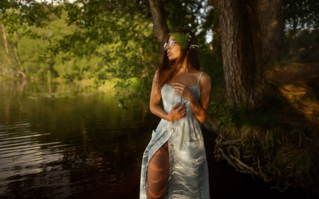 Woman white dress lake forest #2 free wallpaper for desktop - medium preview image