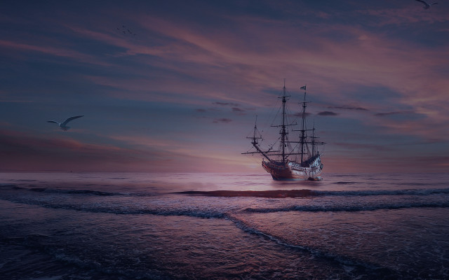 Ship sailing ocean sunset bird free wallpaper for desktop - medium preview image