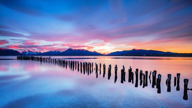 Long pier lake sunset mountains free wallpaper for desktop - medium preview image