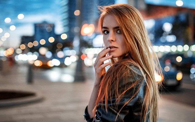 Woman leather jacket city night free wallpaper for desktop - medium preview image