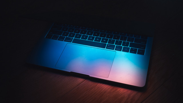 Laptop wooden table dark blue free wallpaper for desktop - medium preview image