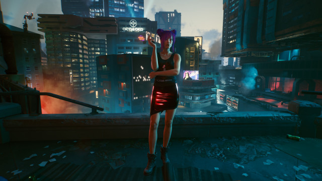 Woman rooftop cyberpunk neon night free wallpaper for desktop - medium preview image