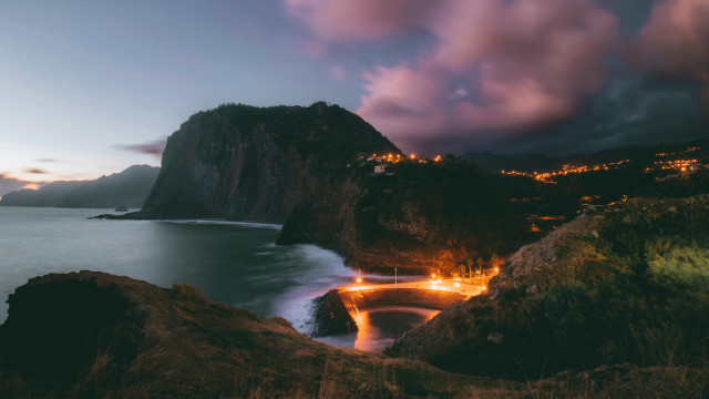 Mountain lake city lights night free wallpaper for desktop - medium preview image