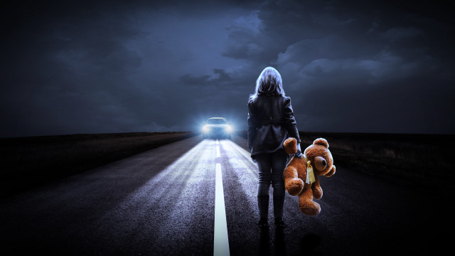Woman teddybear road night car free wallpaper for desktop - medium preview image