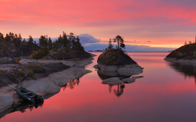 Boat rocks trees sunset matte free wallpaper for desktop - medium preview image