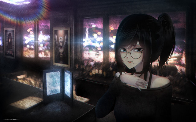 Girl glasses bowtie cyberpunk anime free wallpaper for desktop - medium preview image