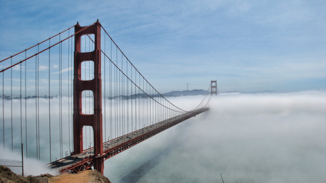 Large bridge foggy sky hills free wallpaper for desktop - medium preview image